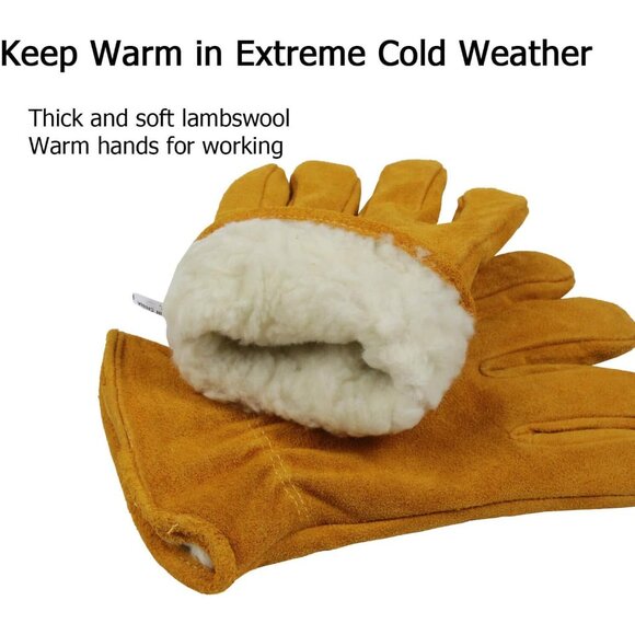 Gold Winter Thermal Leather Work Gloves with Thick Imitation Lambswool Lining - Picture 3 of 9